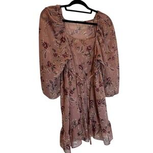 Floral Print Babydoll Dress Ruffle Hem Square Neck Long Sleeve Pink 3XL